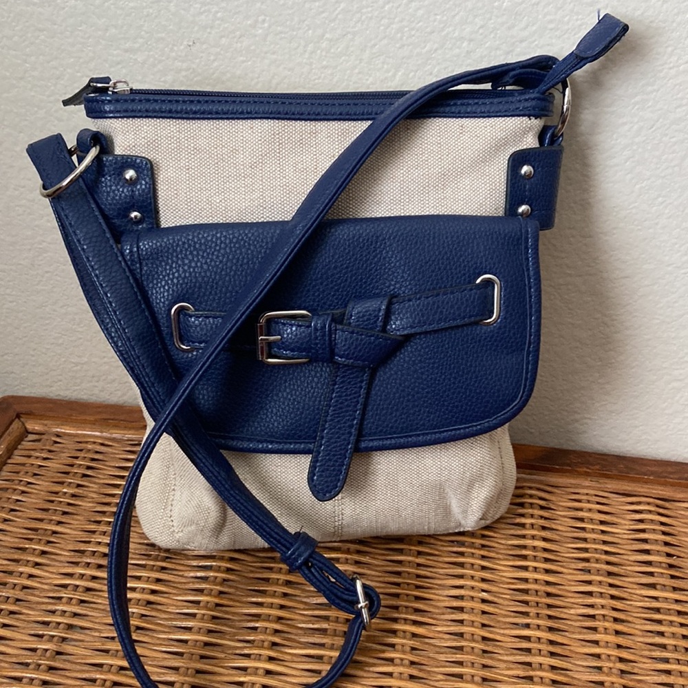 Linen & Navy Blue Vegan Crossbody Bag